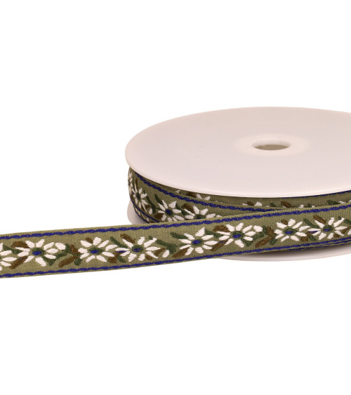 Bobina da 22 m di treccia jacquard con fiori di stella alpina da 20 mm verde