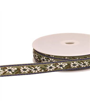 Bobine 22m galon jacquard fleur edelweiss 20mm vert