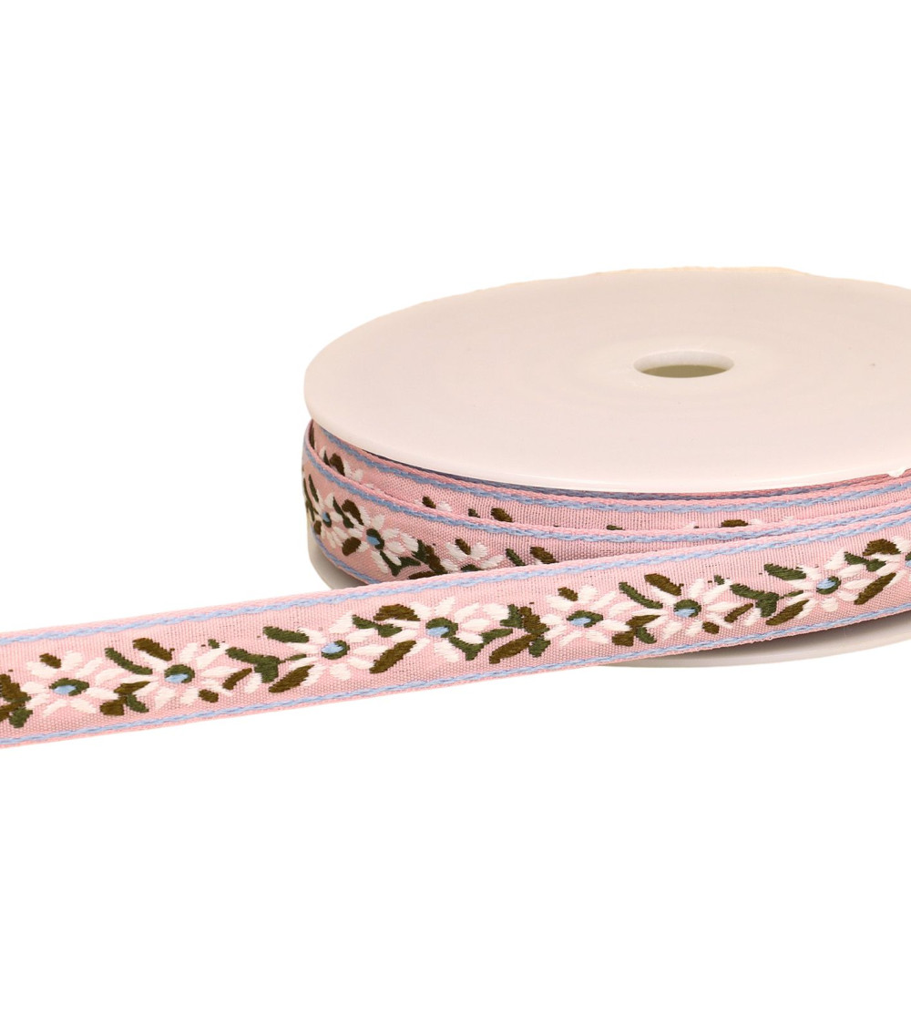 Bobina da 22 m di treccia jacquard con fiori di stella alpina da 20 mm rosa