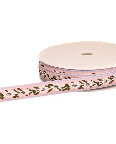 Bobine 22m galon jacquard fleur edelweiss 20mm rose