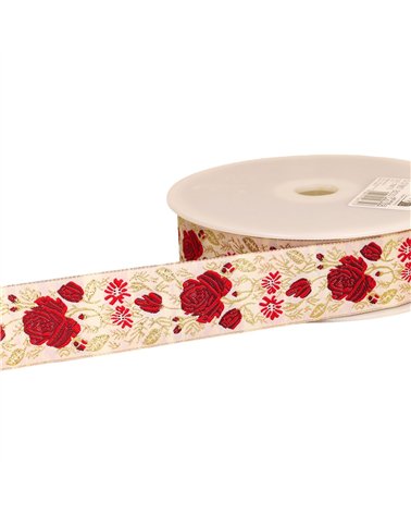 Galon Jacquard Roses 33mm rouge au mètre