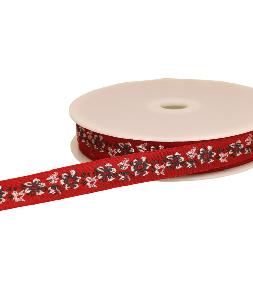 Treccia jacquard fiori 20 mm rossi al metro