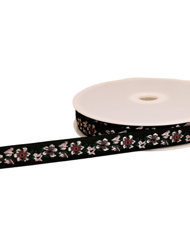 Trenza jacquard flores 20mm negro por metro