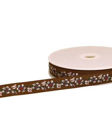 Trenza jacquard flores 20mm marrón por metro