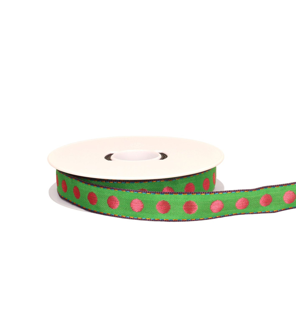20m spool of green brass-plated polka dot ribbon