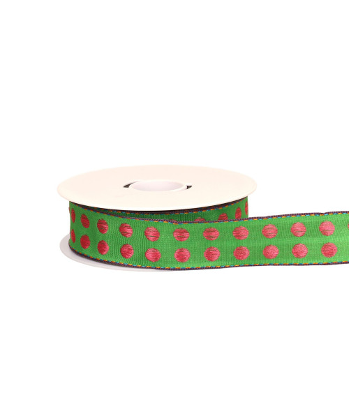 20m spool of green brass-plated polka dot ribbon