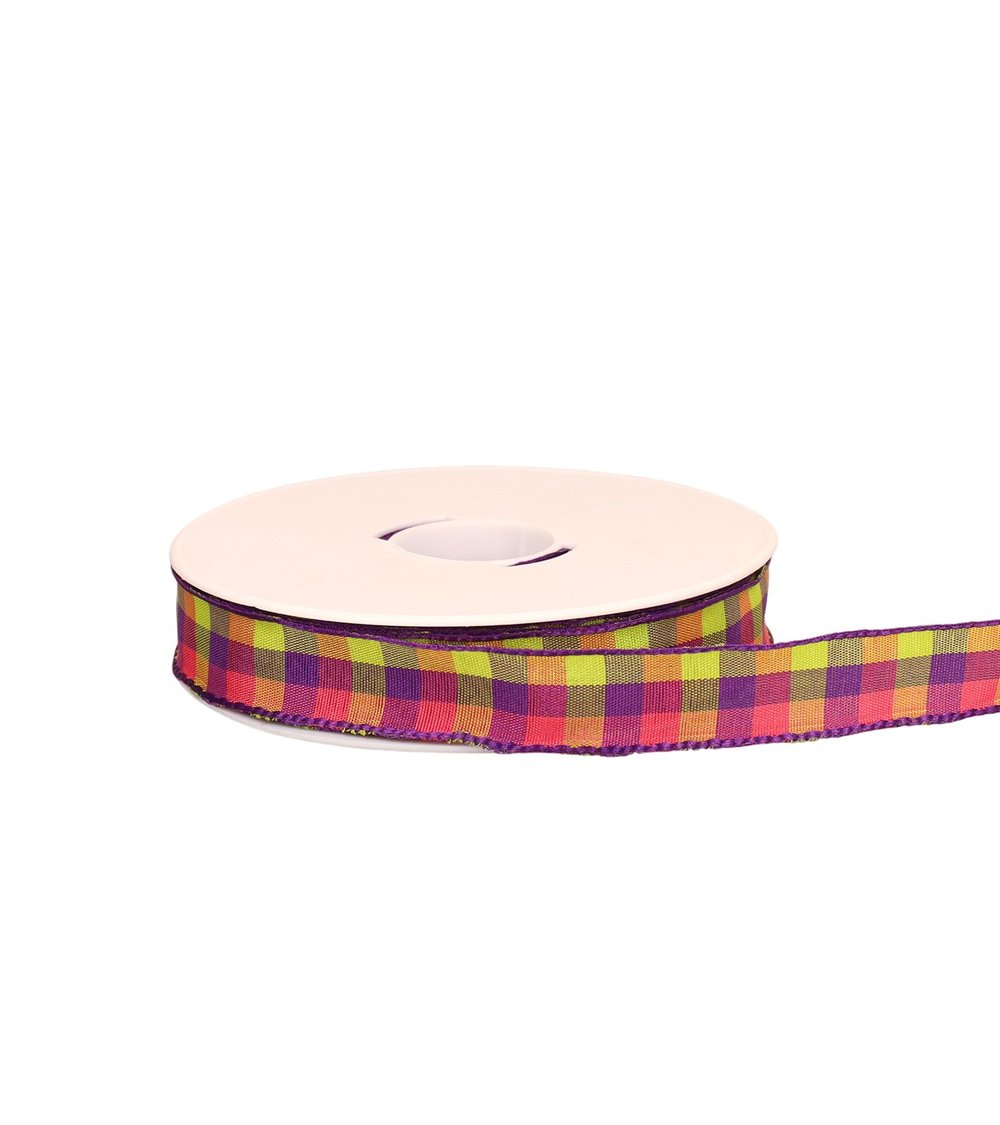 Bobine 20m ruban carreaux laitonné violet