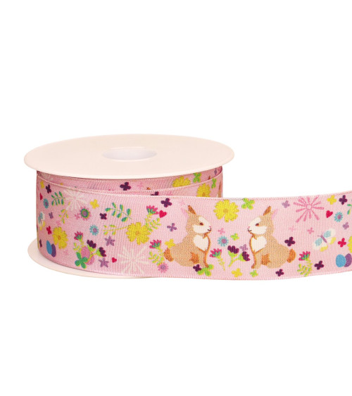 Bobina da 20 m di nastro ottonato con conigli rosa