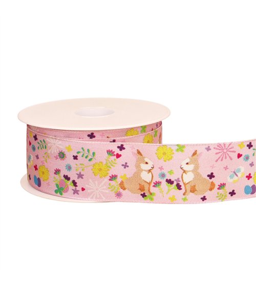Bobine 20m ruban laitonné lapins rose