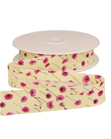 Bobine 25m biais coquelicots 25mm jaune paille