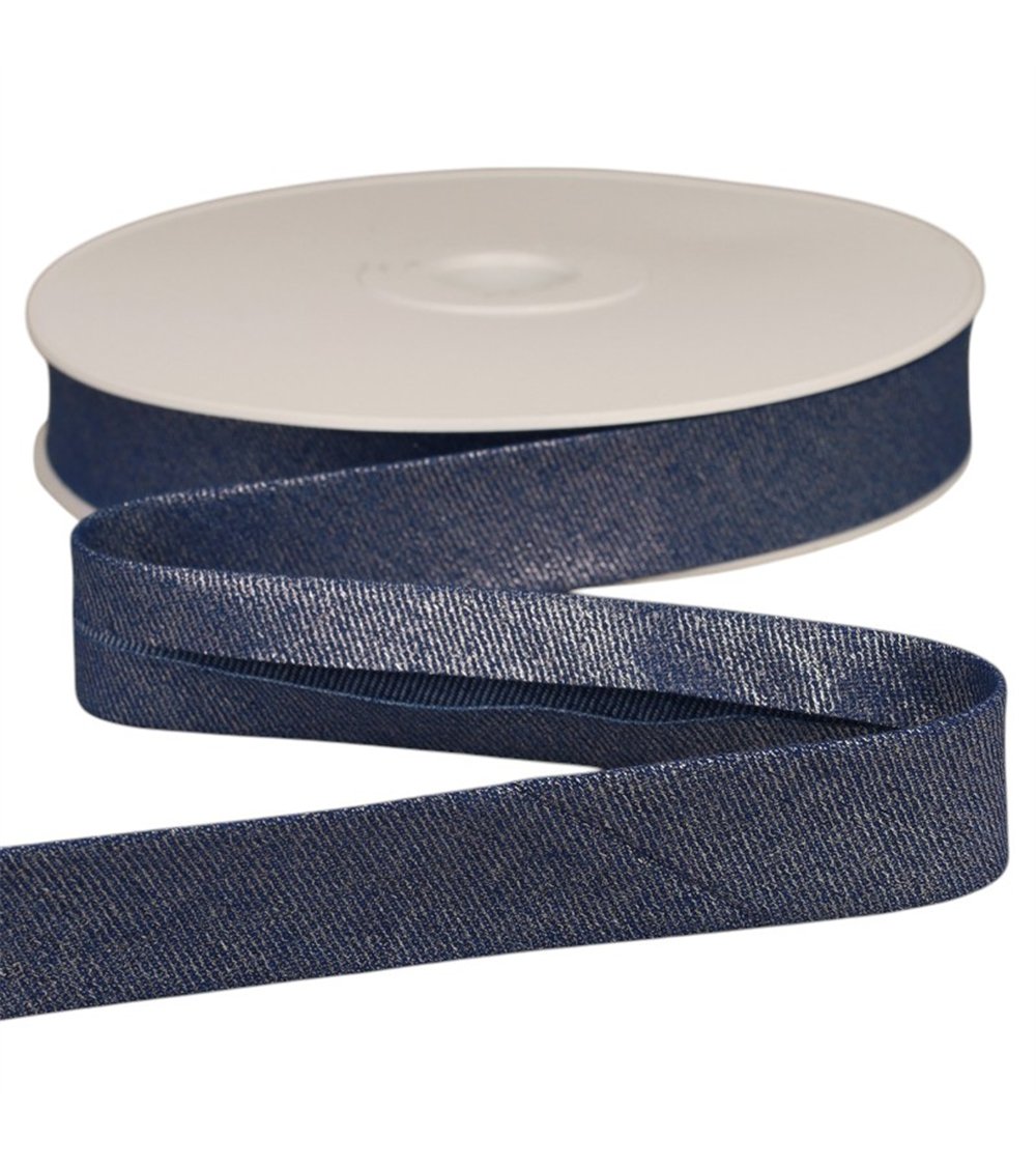 Bobina 20m cinta al bies denim metalizada 25mm azul marino