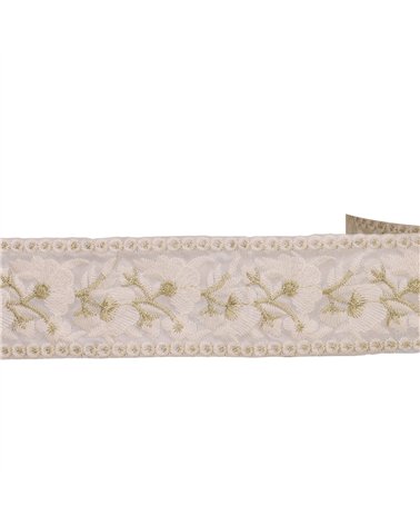 Bobine 8,8m galon brodé fleurs 50mm blanc