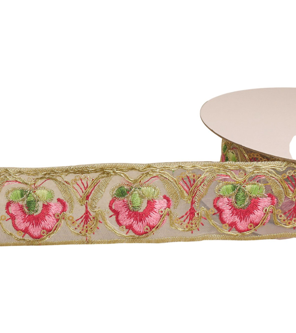 Bobina 10m de trenza bordada étnica 40mm rosa frambuesa
