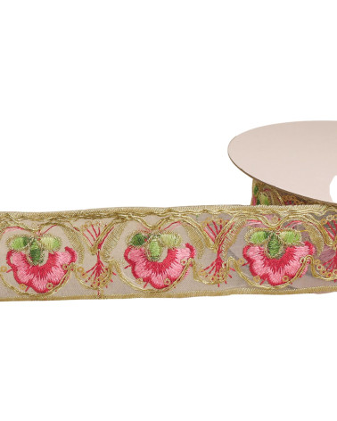 10m spool of ethnic embroidered braid 40mm raspberry pink