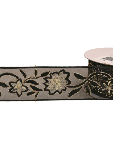 Bobina da 10 m di treccia ricamata con paillettes da 60 mm nera