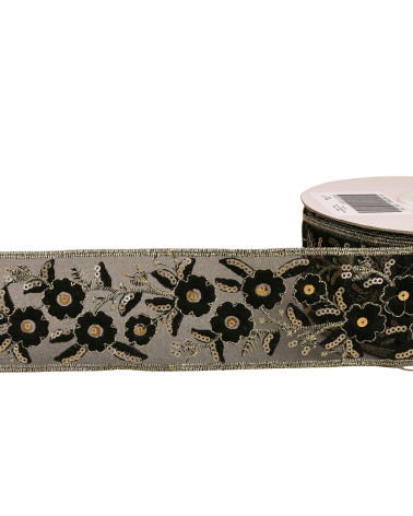 Bobina da 10 m di treccia ricamata con paillettes da 58 mm nera