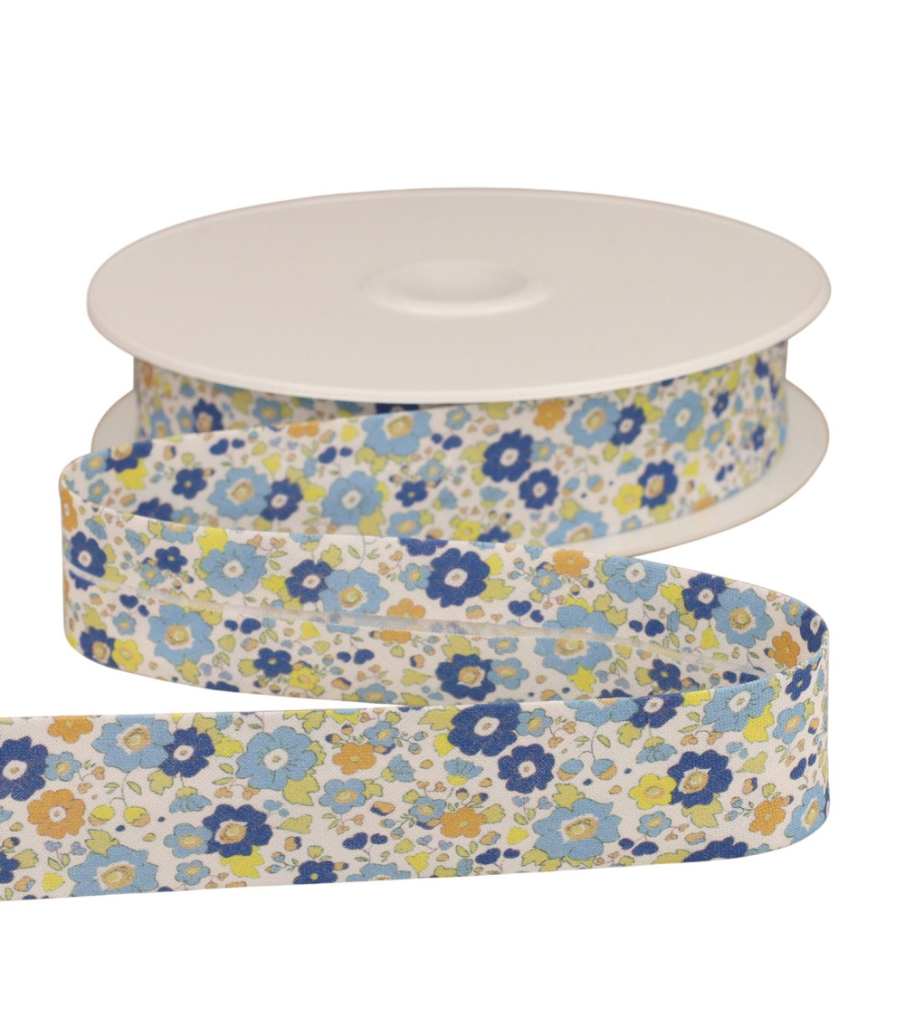 Schrägband mit lavendelblauen Blumen, 25 mm pro Meter