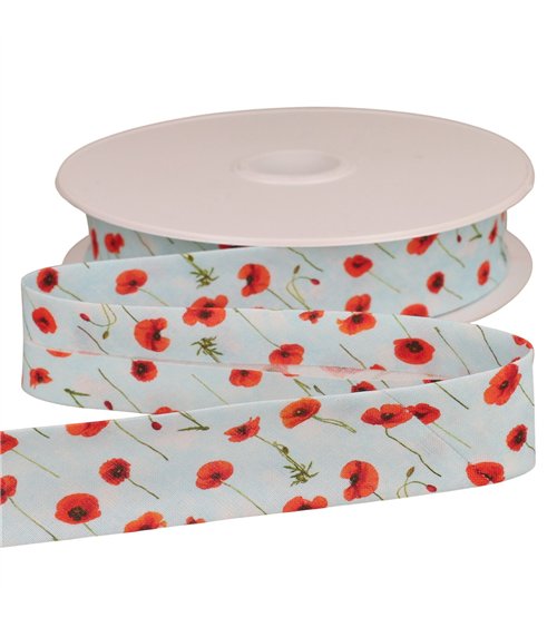 Biais coquelicots bleu d'eau 25mm au mètre