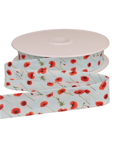 Biais coquelicots bleu d'eau 25mm au mètre