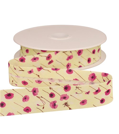 Biais coquelicots jaune paille 25mm au mètre