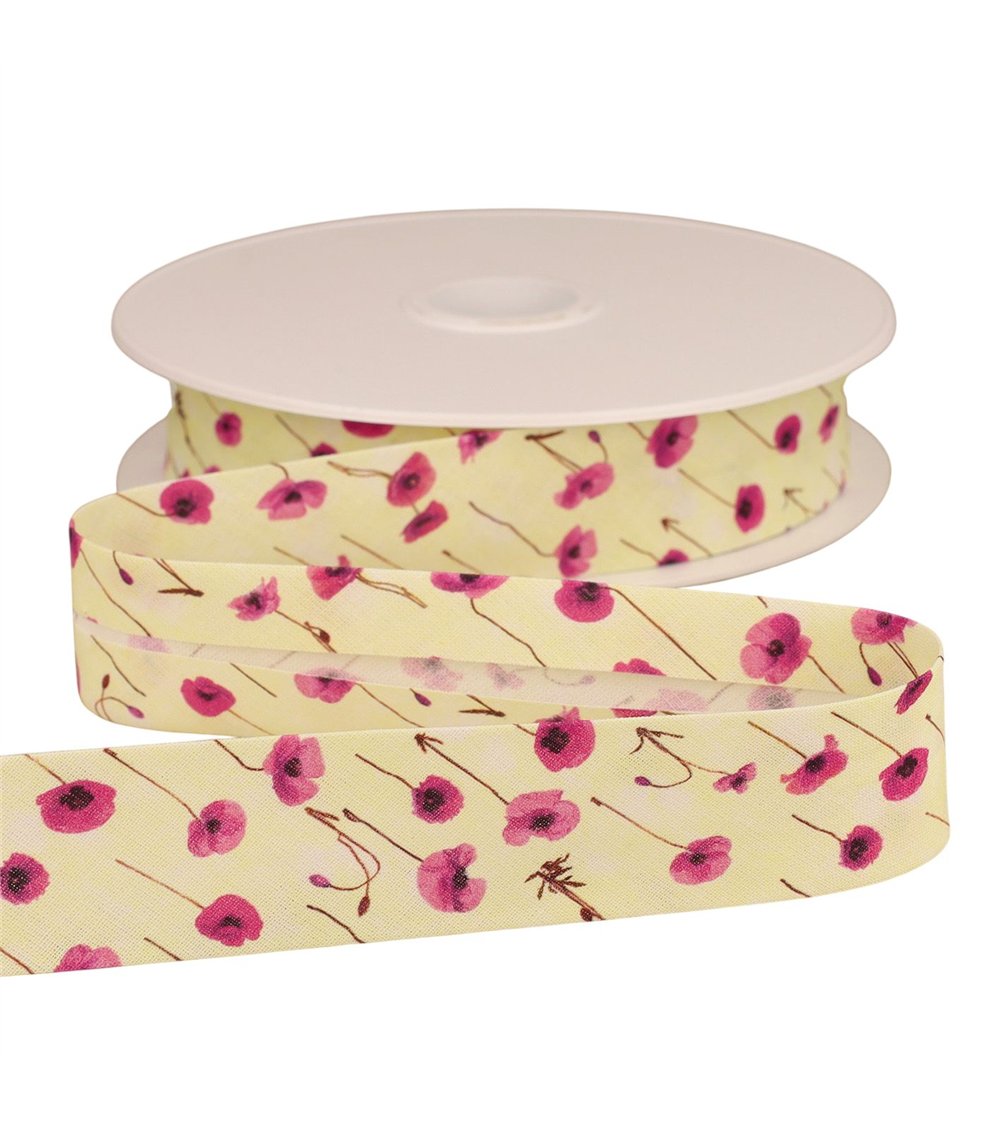 Biais coquelicots jaune paille 25mm au mètre