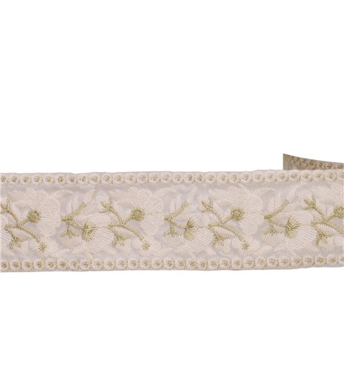 Passepoil brodé fleurs blanc 50mm au mètre