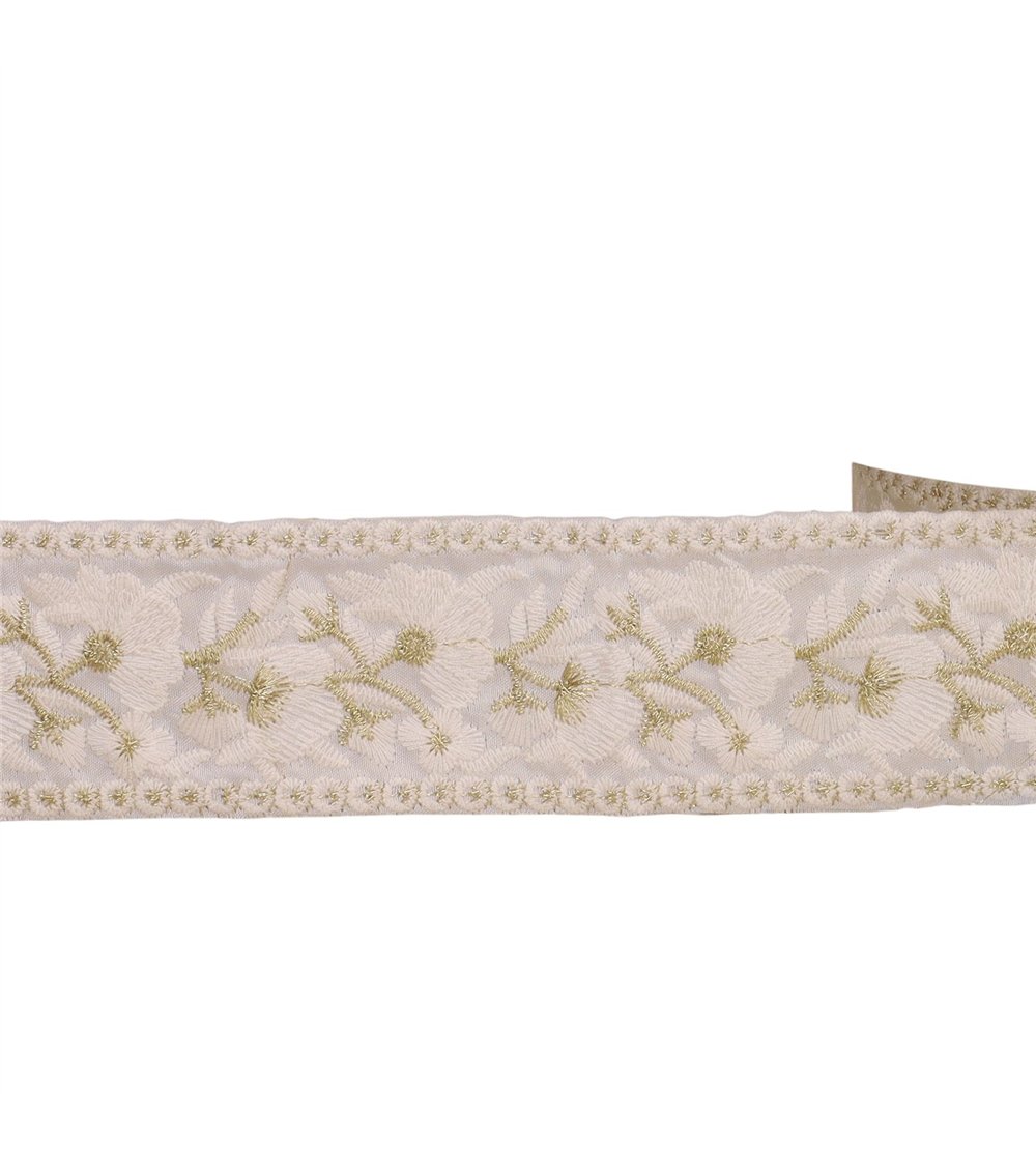 Passepoil brodé fleurs blanc 50mm au mètre