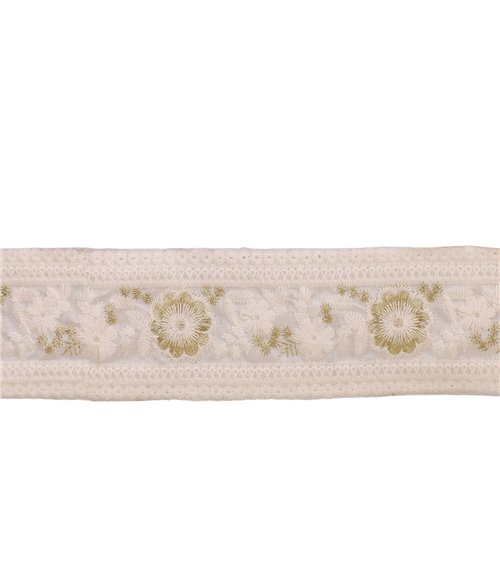 Passepoil brodé fleurs blanc 55mm au mètre