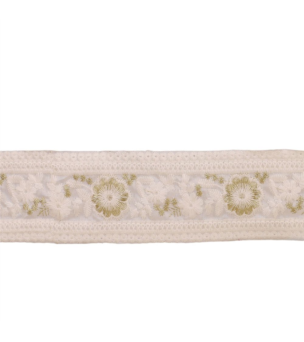 Passepoil brodé fleurs blanc 55mm au mètre