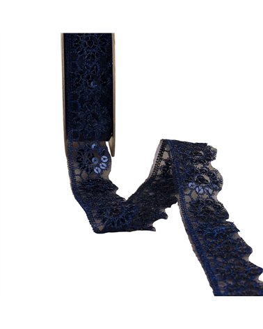 Dentelle pailletée bleu marine 30mm au mètre