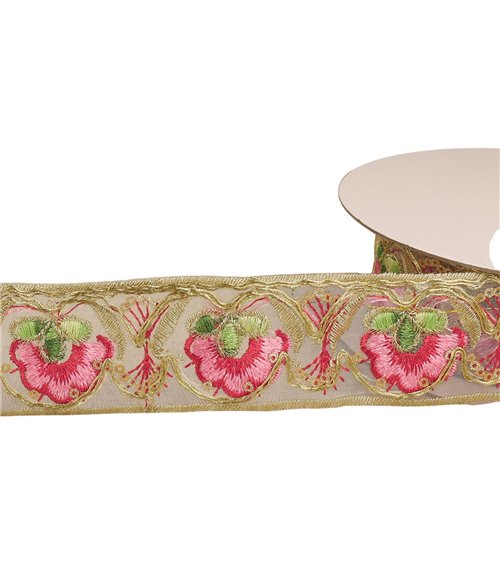 Passepoil brodé ethnique roseframboise 40mm au mètre