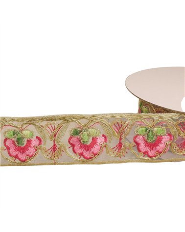 Passepoil brodé ethnique roseframboise 40mm au mètre
