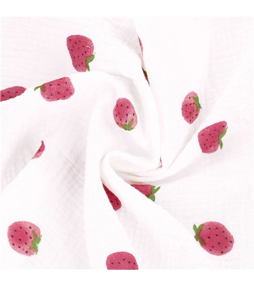 Tissu double gaze imprimée fraise au mètre