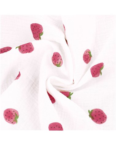Tissu double gaze imprimée fraise au mètre