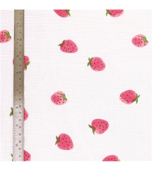 Tissu double gaze imprimée fraise au mètre