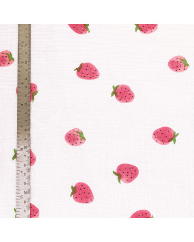 Strawberry printed double gauze fabric by the meter