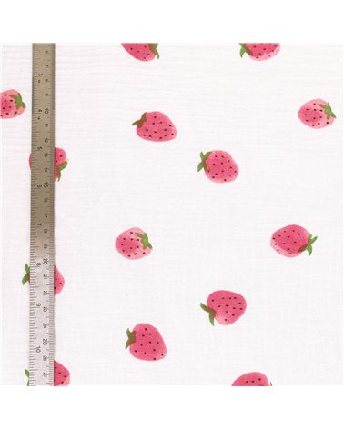 Tissu double gaze imprimée fraise au mètre