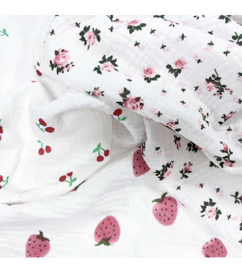 Strawberry printed double gauze fabric by the meter