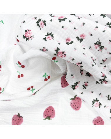Strawberry printed double gauze fabric by the meter