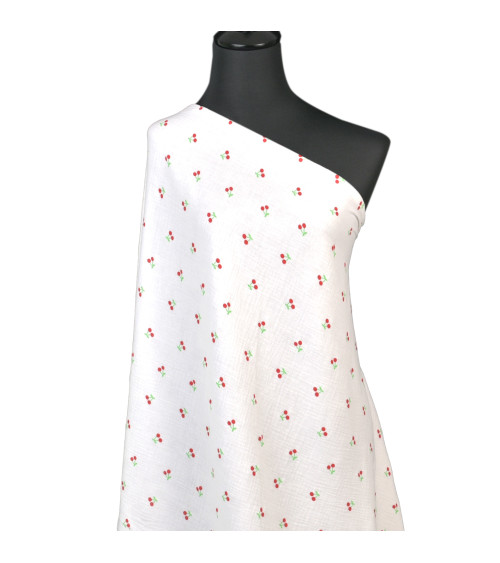 Cherry printed double gauze fabric with white background per meter