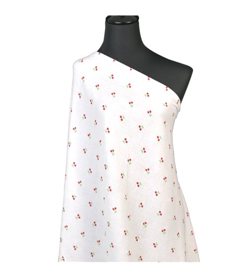 Tissu double gaze imprimée cerise fond blanc au mètre