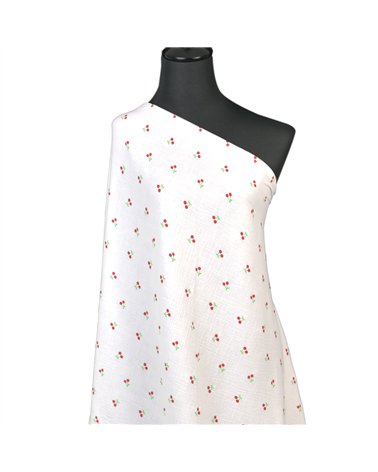 Tissu double gaze imprimée cerise fond blanc au mètre