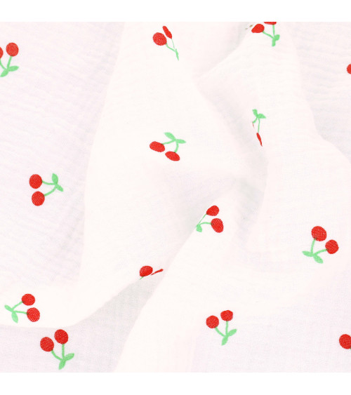 Cherry printed double gauze fabric with white background per meter
