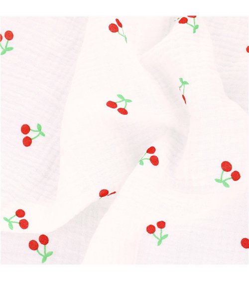 Tissu double gaze imprimée cerise fond blanc au mètre