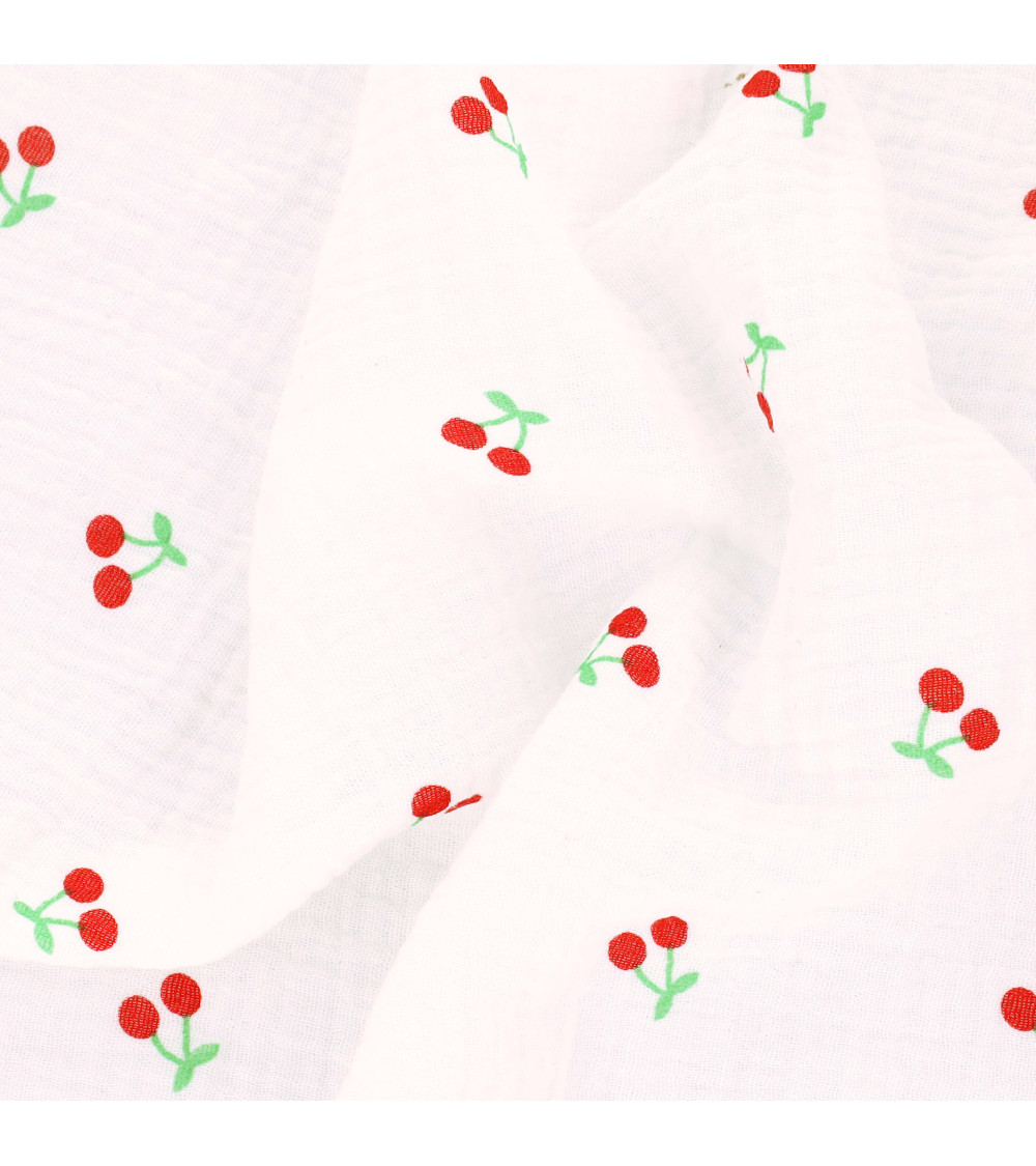 Cherry printed double gauze fabric with white background per meter