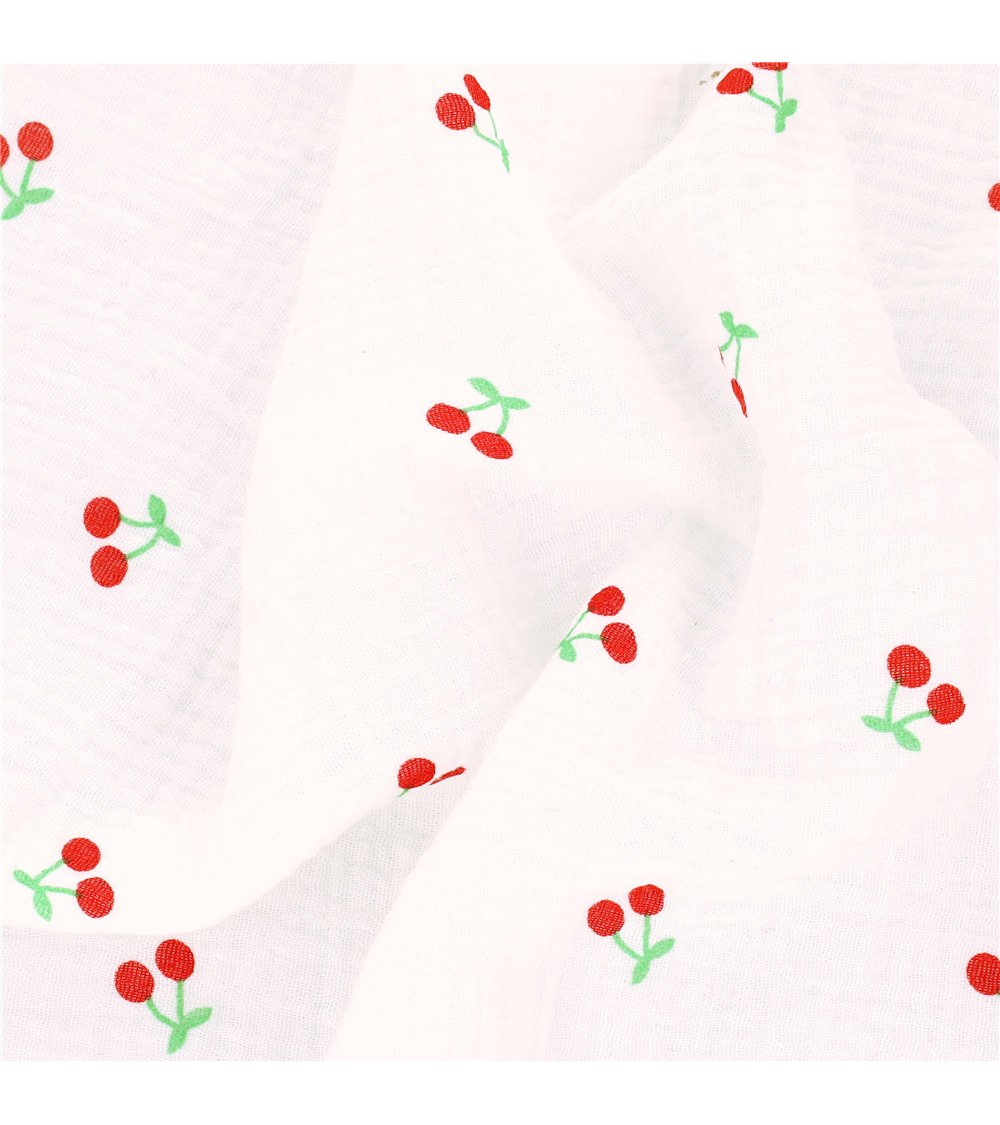 Tissu double gaze imprimée cerise fond blanc au mètre