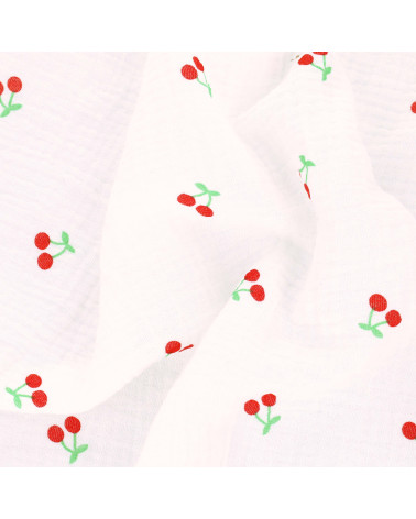 Cherry printed double gauze fabric with white background per meter