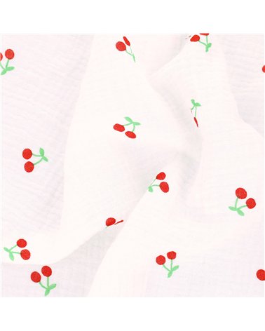 Tissu double gaze imprimée cerise fond blanc au mètre