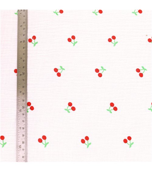 Tissu double gaze imprimée cerise fond blanc au mètre