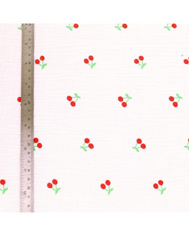 Cherry printed double gauze fabric with white background per meter